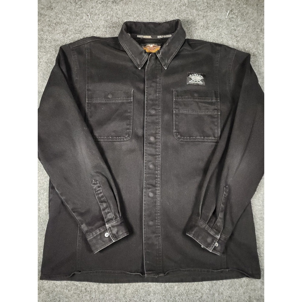 Harley Davidson Vintage 2003 Men Black Canvas Work Shirt Jacket Logo 96120-04VM